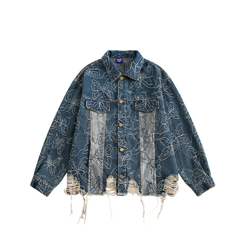 Unisex Oversized Jeans Jacket with Floral Embroidery, Contrast Panels and Frayed Hem Fashion Glam