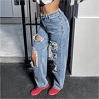 Womens High-Waisted Destroyed Baggy Jeans with Wide Leg and Knee Rips Fashion Glam