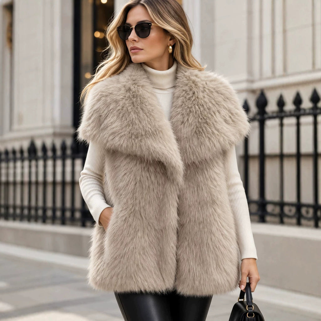 Women's Sleeveless Luxury Faux Fur Vest with Extra Soft Long Pile and Oversized Shawl Collar Fashion Glam