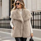 Women's Sleeveless Luxury Faux Fur Vest with Extra Soft Long Pile and Oversized Shawl Collar Fashion Glam