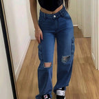 Ladies High-Waist Cargo Jeans with straight leg, knee rips and side flap pocket Fashion Glam