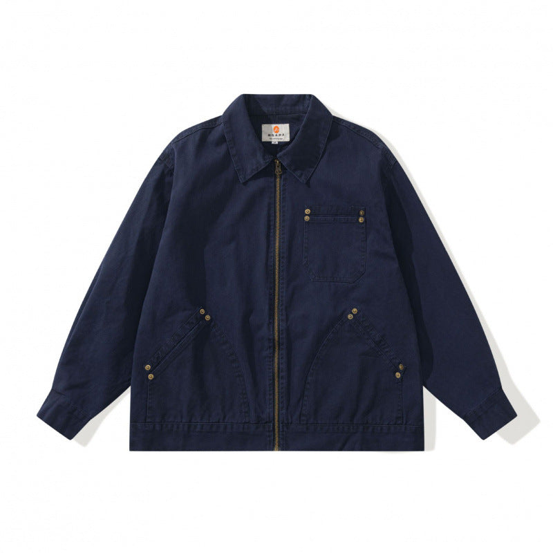 Unisex Boxy Canvas Worker Jacket with Front Zip and Stud Applications Fashion Glam