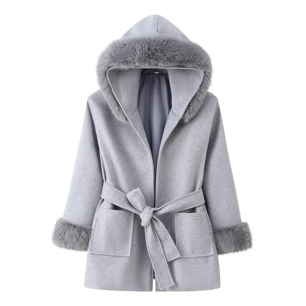 Women's Hooded Wool Blend Coat with Tie Belt and Faux Fur Trim Fashion Glam