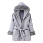 Women's Hooded Wool Blend Coat with Tie Belt and Faux Fur Trim Fashion Glam