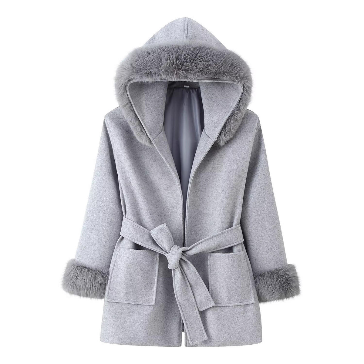 Women's Hooded Wool Blend Coat with Tie Belt and Faux Fur Trim Fashion Glam