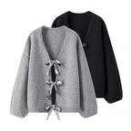 Women's Oversized Knit Cardigan with V-Neck and Sequin Bows Fashion Glam