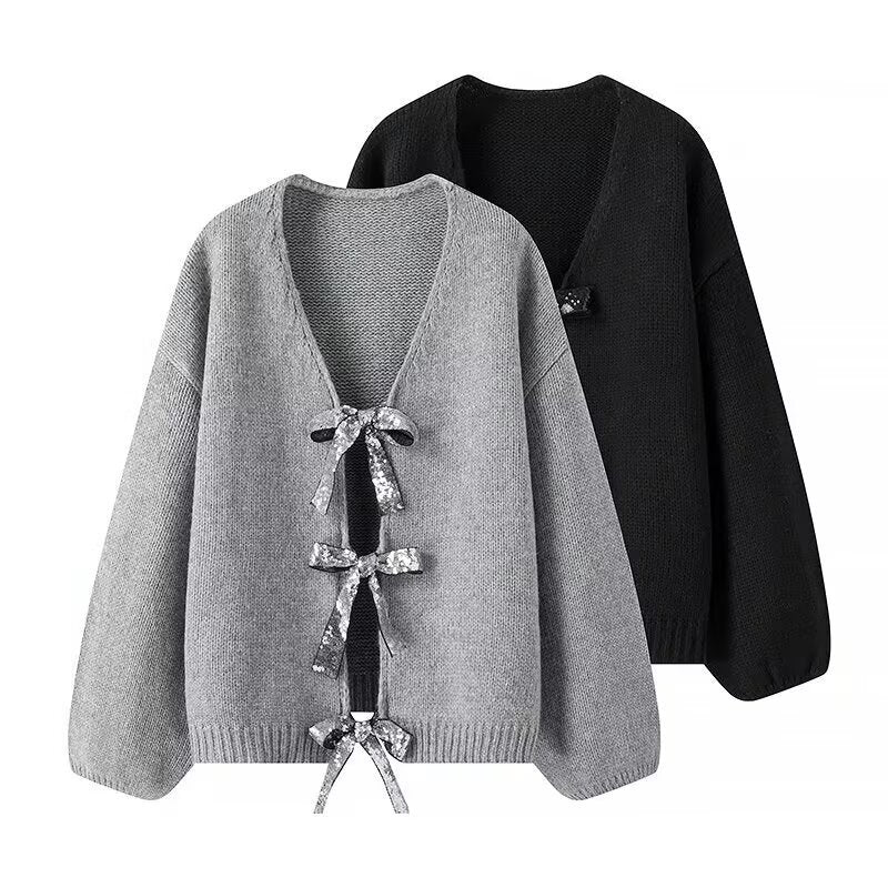 Women's Oversized Knit Cardigan with V-Neck and Sequin Bows Fashion Glam