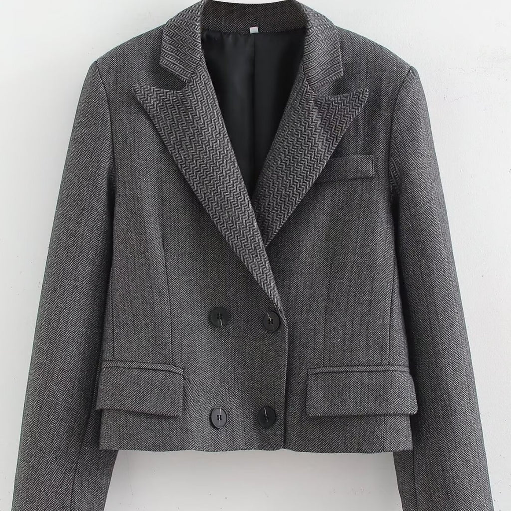 Women Short Cut Double Breasted Blazer in Houndstooth Pattern Fashion Glam