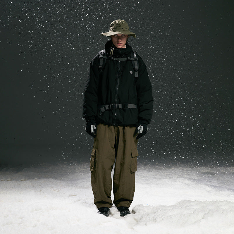 Men's Padded Tech Outdoor Jacket with Adjustable Waist Belt, Utility Attachments and Hidden Hood Fashion Glam