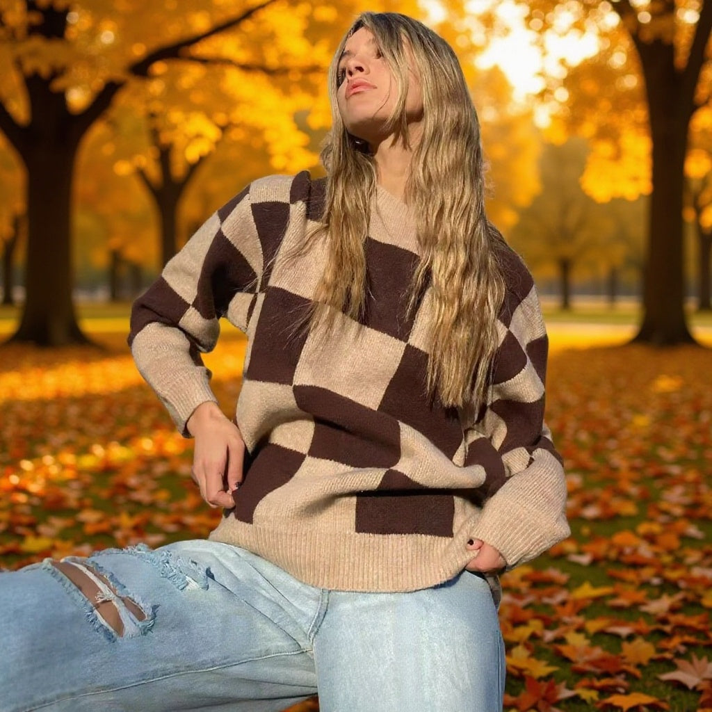 Women's Oversize Knitted Sweater with Distinctive Check Pattern and Ribbed Finishes Fashion Glam