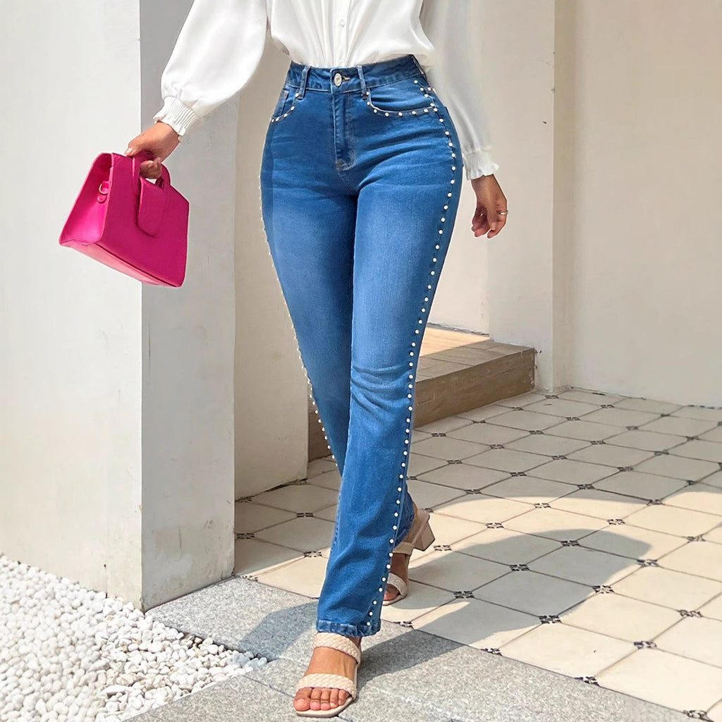 Ladies high-waisted slim jeans with pearl details on pockets and side seams Fashion Glam