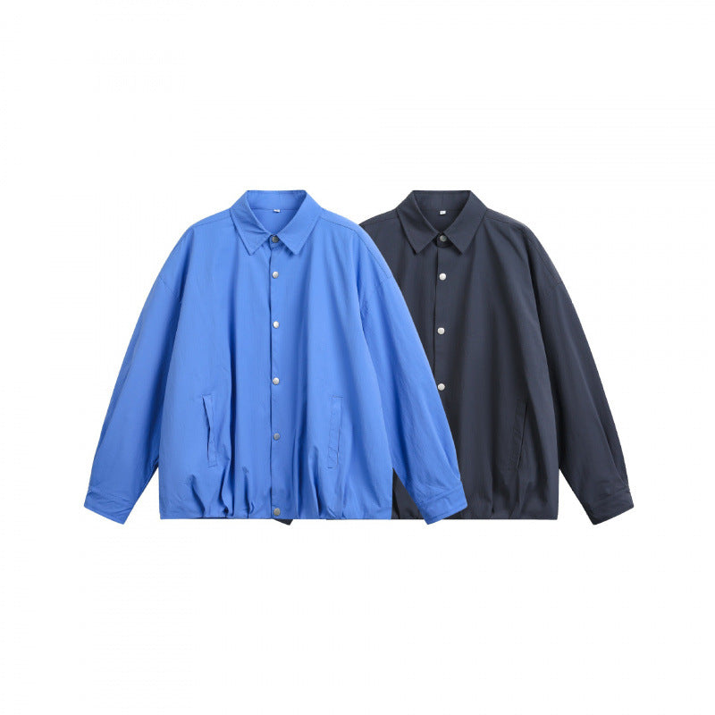 Unisex Boxy Shirt Jacket with Snap Button Placket, Shirt Collar and Elastic Hem Fashion Glam