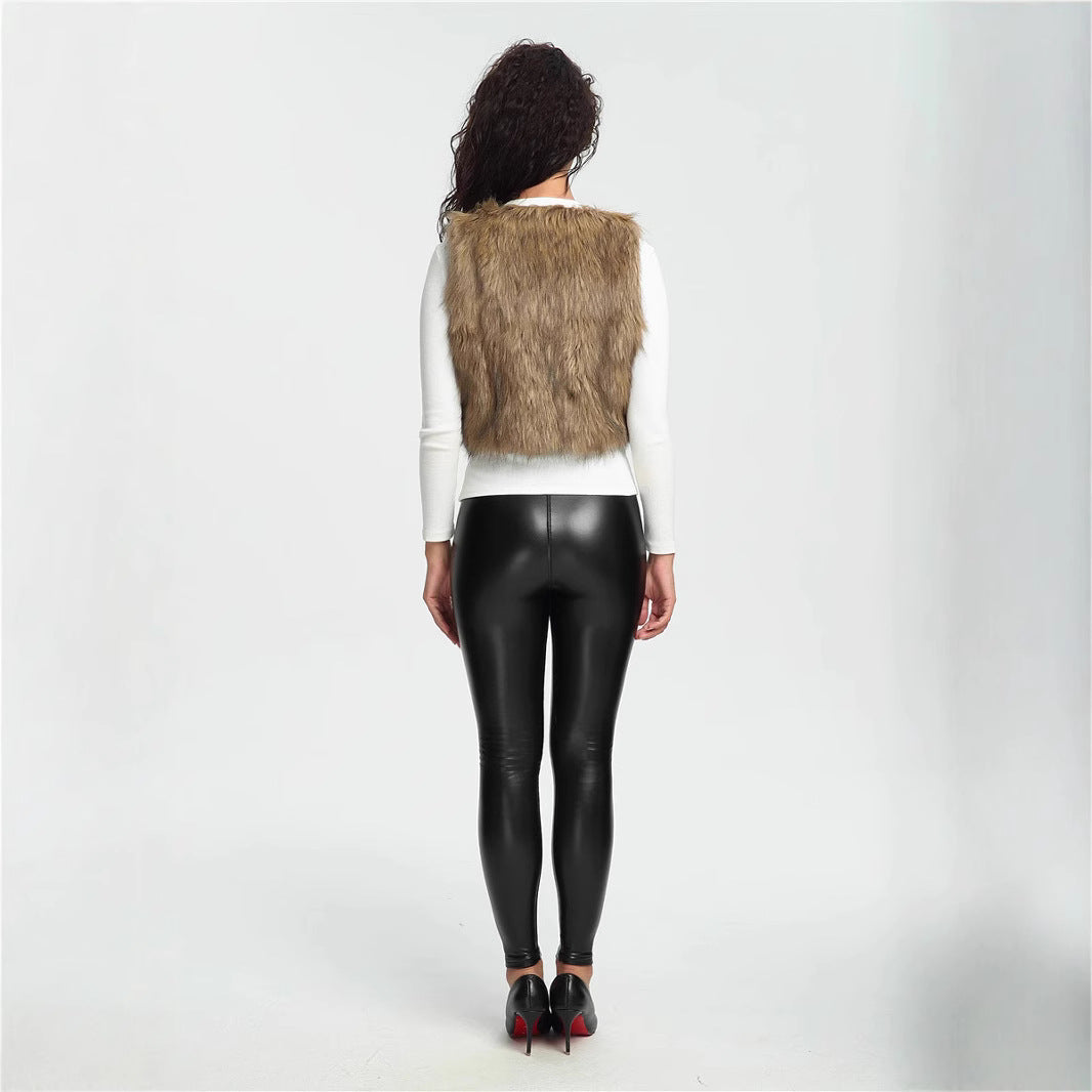Women's Cropped Faux Fur Vest with Natural Shaggy Texture and V-Neck Fashion Glam