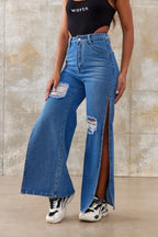 Women's high-waisted wide-leg jeans with large knee rips and side leg slits Fashion Glam