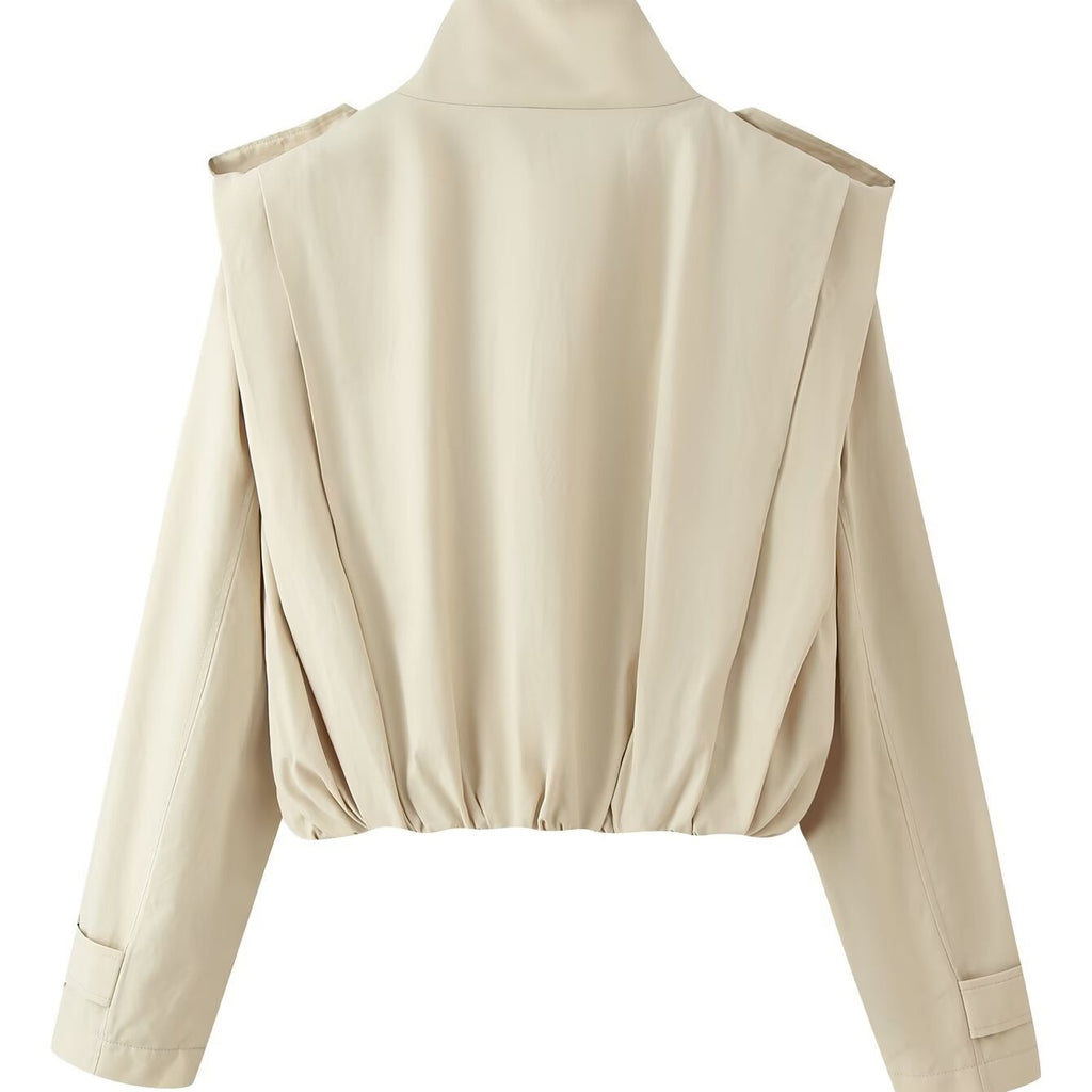 Women's short trench-style jacket, double-breasted with high stand-up collar and waist smocking Fashion Glam