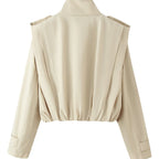 Women's short trench-style jacket, double-breasted with high stand-up collar and waist smocking Fashion Glam
