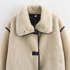 Women's short teddy coat with voluminous shawl collar and contrast piping Fashion Glam