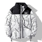 Men's Padded Quilted Jacket with Graphic Text Print, Stand Collar and Adjustable Hem Fashion Glam
