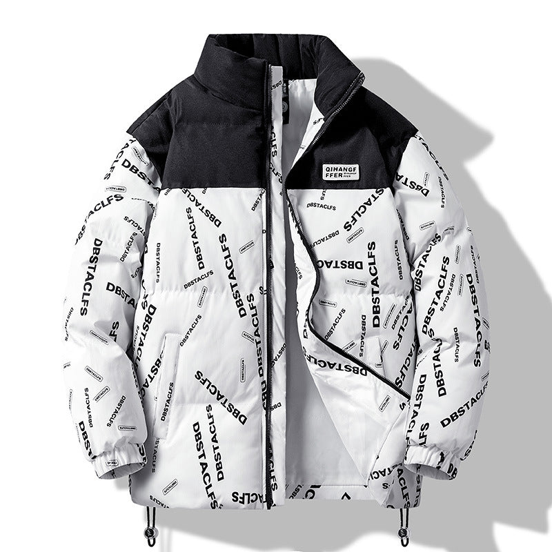 Men's Padded Quilted Jacket with Graphic Text Print, Stand Collar and Adjustable Hem Fashion Glam