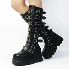Women's platform knee-high gothic biker boots with multiple buckles and metal plates Fashion Glam