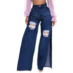Women's High-Waist Wide-Leg Jeans with High Side Slits and Destroyed Details Fashion Glam