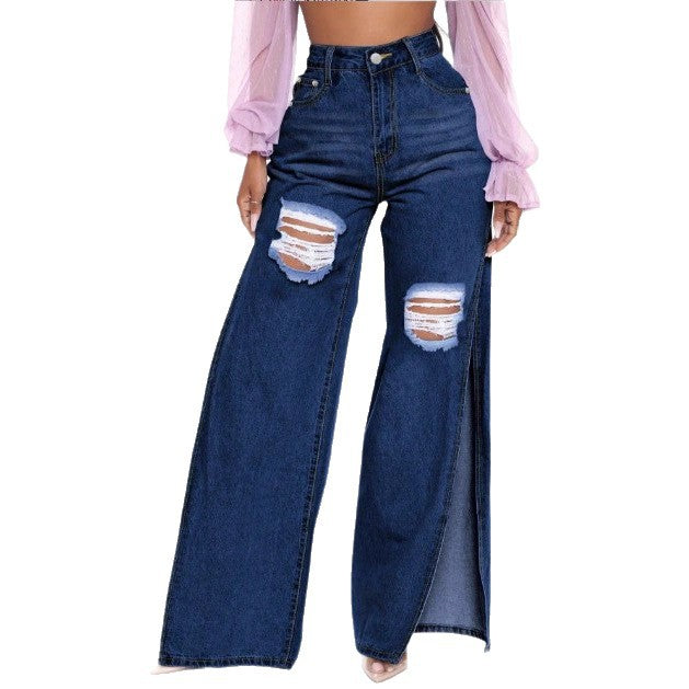Women's High-Waist Wide-Leg Jeans with High Side Slits and Destroyed Details Fashion Glam