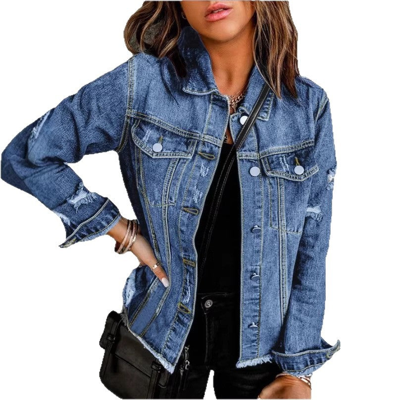 Women's denim jacket with casual destroyed sleeves and raw hem Fashion Glam