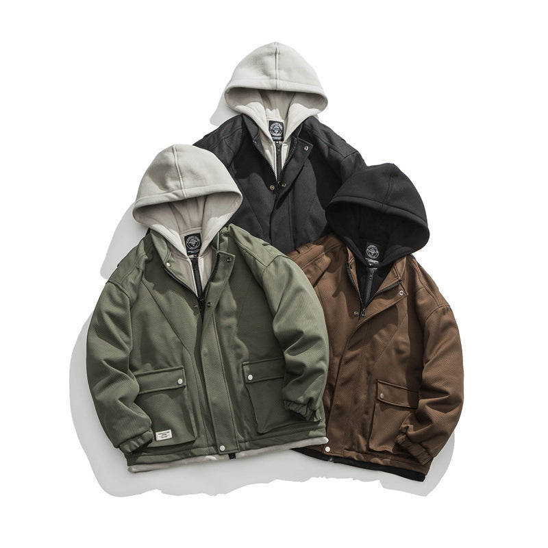 Men's Two-Layer Utility Jacket with Integrated Hood Inner Layer and Flap Pockets Fashion Glam