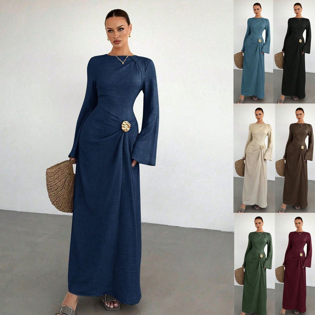 Ladies max dress with draping, decorative brooch and wide trumpet sleeves Fashion Glam
