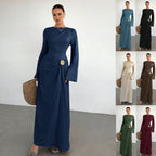 Ladies max dress with draping, decorative brooch and wide trumpet sleeves Fashion Glam