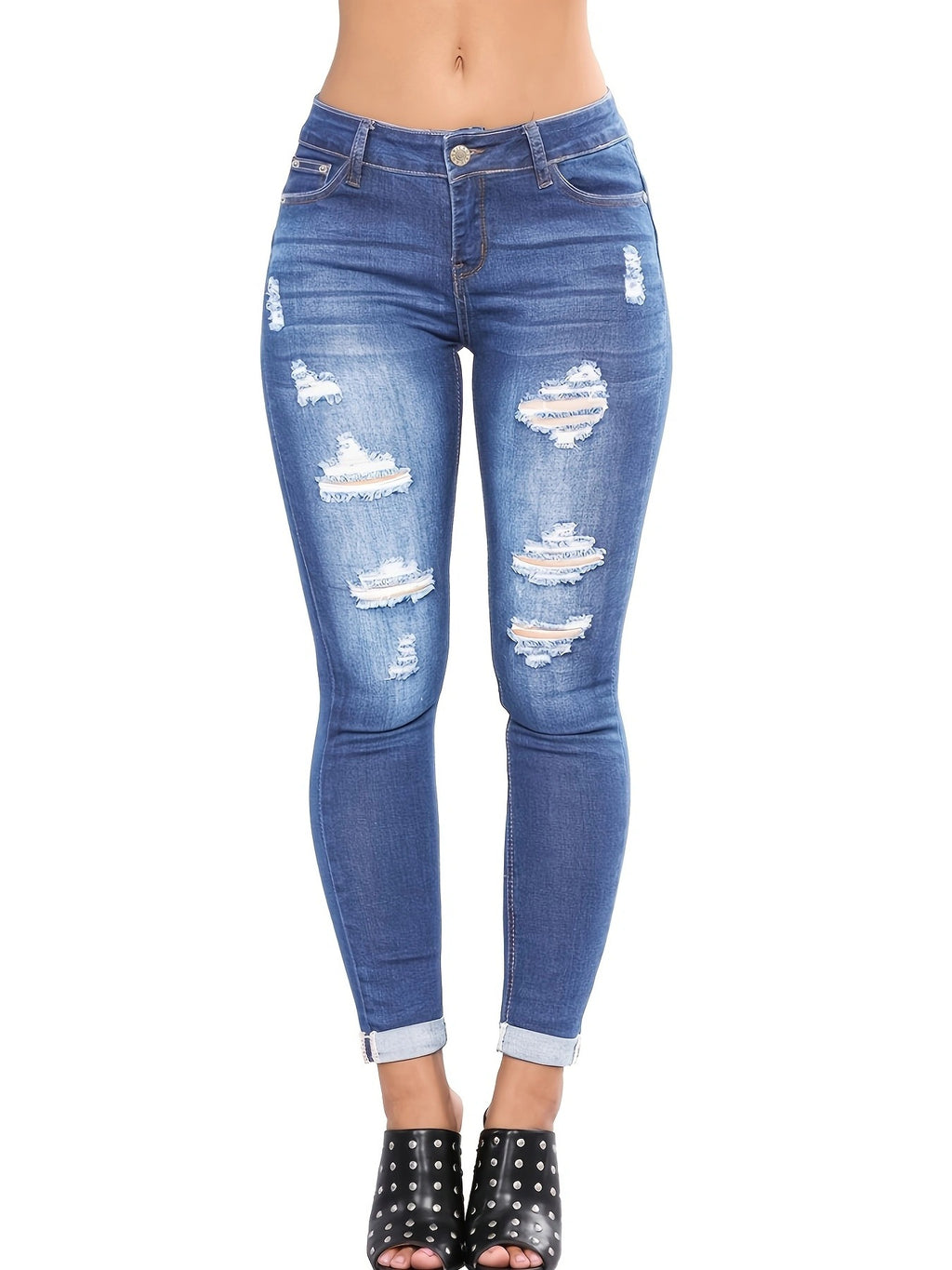 Women’s High-Waisted Superstretch Skinny Jeans with Strategic Rips and Cuff Hem Fashion Glam