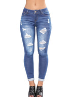 Women’s High-Waisted Superstretch Skinny Jeans with Strategic Rips and Cuff Hem Fashion Glam