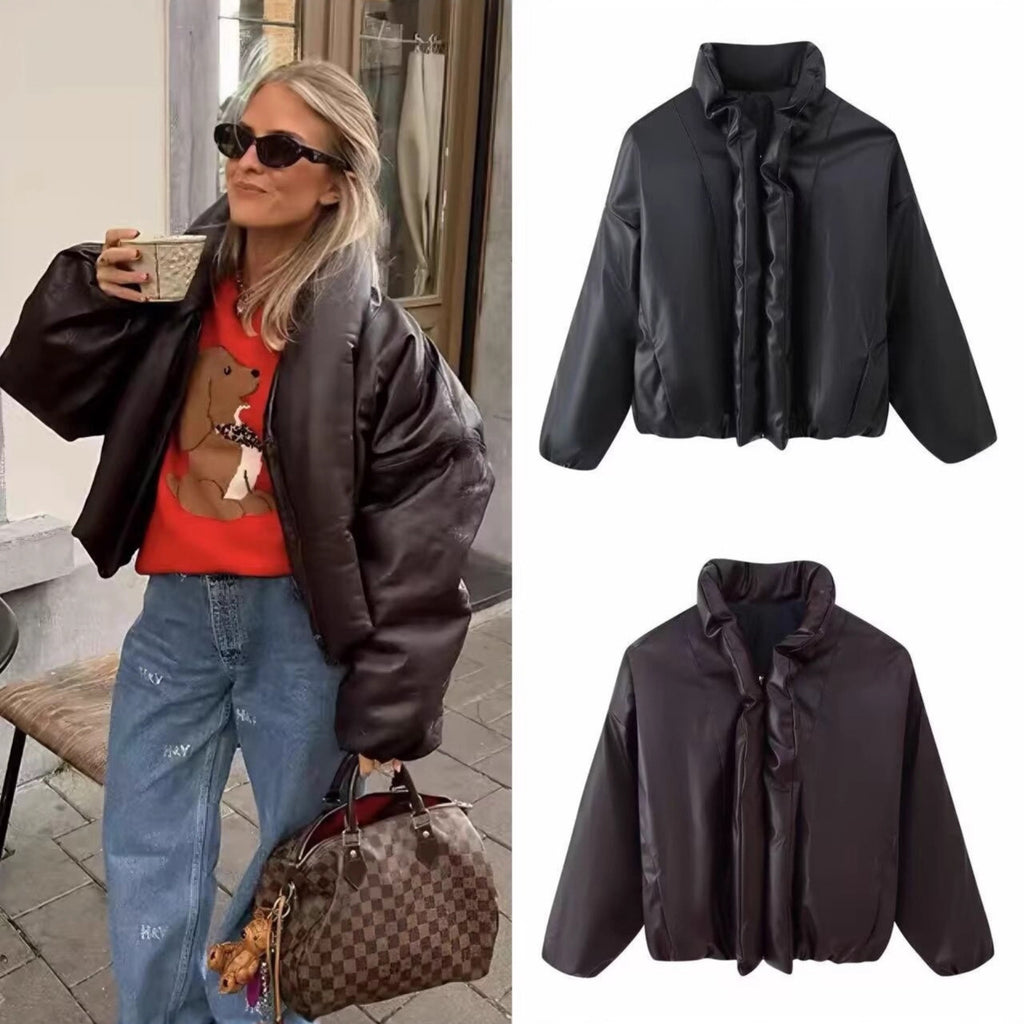 Women Oversized Faux Leather Blouson with Voluminous Stand Collar and Elastic Hem Fashion Glam