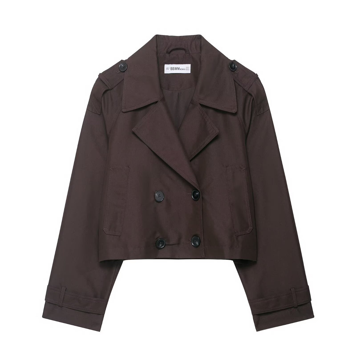Women's Cropped Double-Breasted Trench Coat with Epaulettes, Wide Lapels and Adjustable Sleeve Straps Fashion Glam