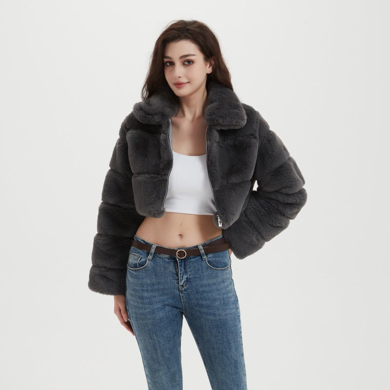 Women Cropped Faux Fur Jacket with Horizontal Volume Panels, Stand-Up Lapel Collar and Zipper Fashion Glam