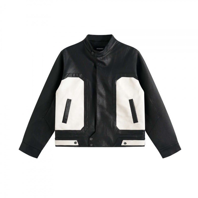 Unisex Boxy-Leather Look Bomber Jacket with contrasting front pockets and stand-up collar Fashion Glam