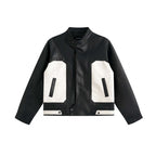 Unisex Boxy-Leather Look Bomber Jacket with contrasting front pockets and stand-up collar Fashion Glam