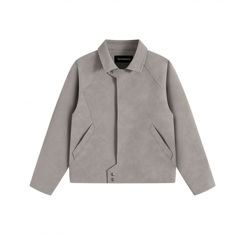 Unisex short jacket in minimalist suede look with concealed front placket and shirt collar Fashion Glam