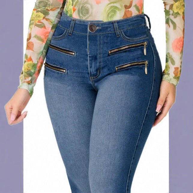 Women's High-Waisted Slim-Fit Jeans with Decorative Front Zippers Fashion Glam