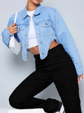 Women's short tailored cropped denim jacket with curved V hem Fashion Glam