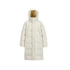 Women Longer quilted down coat with high hood and concealed zipper placket Fashion Glam
