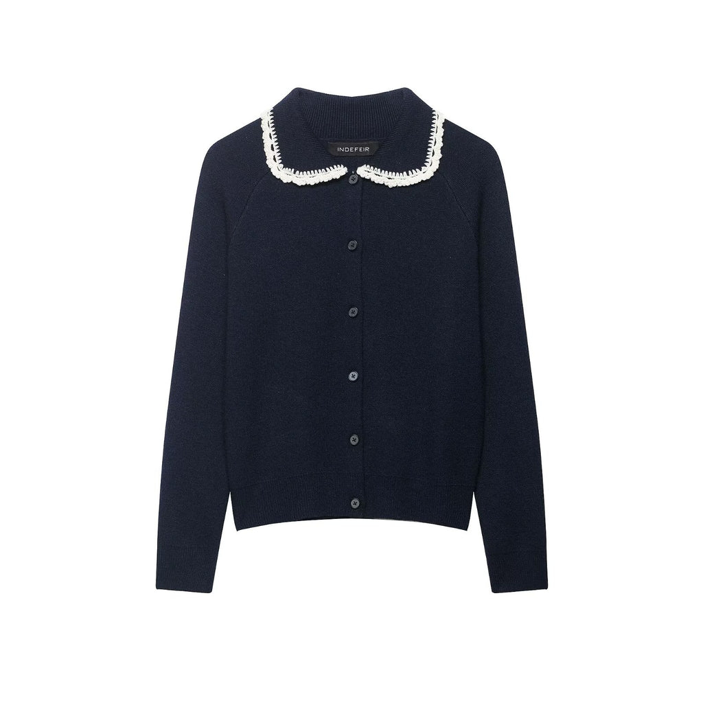 Women’s fine knit cardigan with crocheted Peter Pan collar Fashion Glam