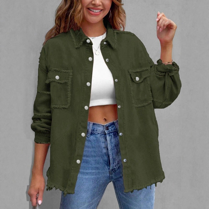 Women Casual Oversized Denim Shirt Jacket with Raw Hem and Patch Pockets Fashion Glam