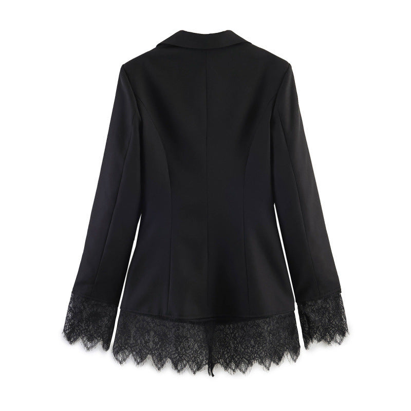 Women tailored blazer with lace trim and flared hem Fashion Glam