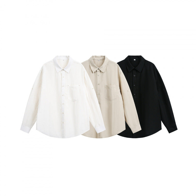 Unisex Oversize Light Linen Blend Shirt with Chest Pocket, Notched Collar and Sleeve Cuff Fashion Glam