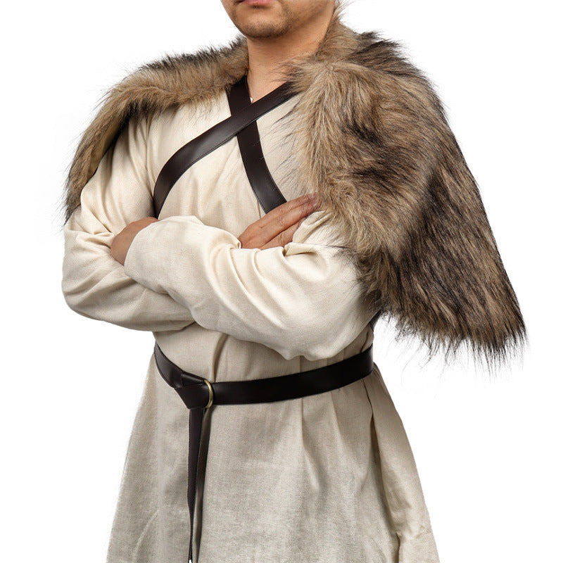 Men's Viking-inspired shoulder cape made of soft faux fur with adjustable leather straps Fashion Glam
