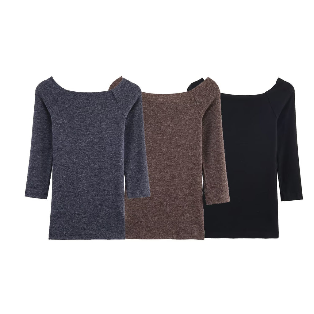 Women's Fitted Fine Knit Tunic with Wide Boat Neck and 3/4 Sleeves Fashion Glam