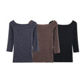 Women's Fitted Fine Knit Tunic with Wide Boat Neck and 3/4 Sleeves Fashion Glam