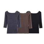 Women's Fitted Fine Knit Tunic with Wide Boat Neck and 3/4 Sleeves Fashion Glam