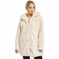 Women's Midi Length Faux Fur Coat with Hood, Teddy Finish and Concealed Button Placket Fashion Glam